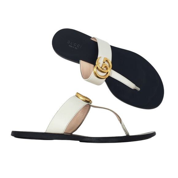 Gucci GG Marmont Thong Flat Sandal Double G In White Gold Leather Size 37 US 7 - Picture 1 of 11